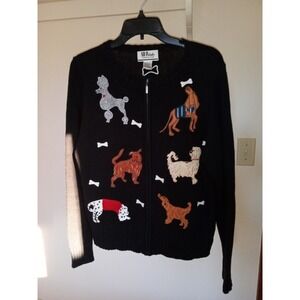 Dog Full Zip Sweater All points Knitted Cardigan Sz L Embroidery Fun Art Teacher